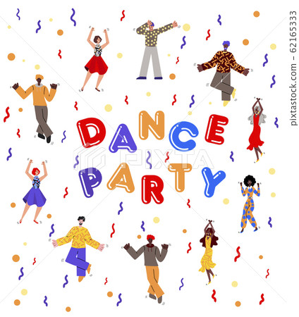 Dance party poster with cartoon people dancing among confetti Dance party poster with cartoon people dancing among confetti 62165333