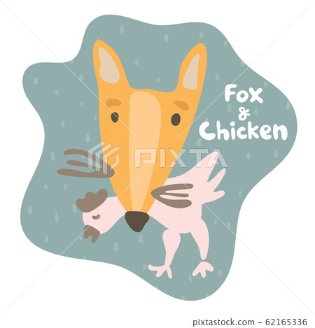 Sly fox caught prey chicken and holds in his teeth. Kid fox in flat style. Text fox and chicken. Mild dark green colored speech bubble. Isolated image for cards, animal ABC, kids room, education games 62165336