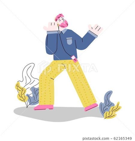 Bearded man cartoon character listening music flat vector illustration isolated. Bearded man cartoon character listening music flat vector illustration isolated. 62165349