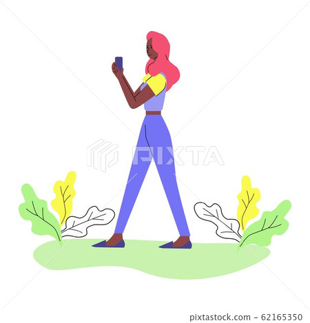 Cartoon woman walking in park and looking at phone screen Cartoon woman walking in park and looking at phone screen 62165350