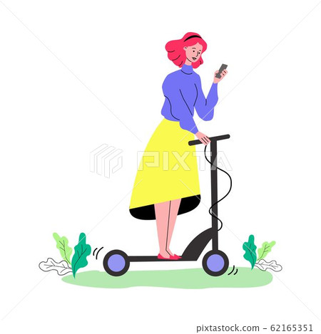 Cartoon woman riding electric scooter and looking at mobile phone screen Cartoon woman riding electric scooter and looking at mobile phone screen 62165351