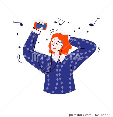 Cartoon woman listening to music on headphones and smiling Cartoon woman listening to music on headphones and smiling 62165352