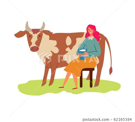 Cartoon cow and woman with bucket of milk - flat vector illustration 62165384