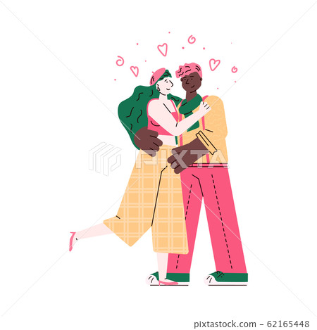 Loving mixed race couple - woman and man embracing vector illustration isolated. Loving mixed race couple - woman and man embracing vector illustration isolated. 62165448