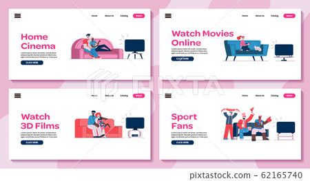 Home cinema banners set with people watching TV sketch vector illustration. 62165740