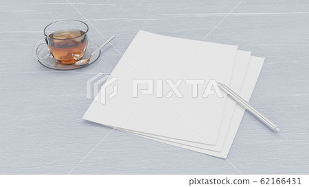 Paper note with metal pen and glass cup of tea from top bird's eye view on white wooden desk 3d render illustration 62166431