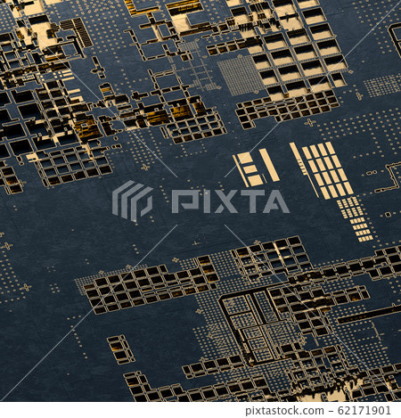 Circuit board futuristic server code processing. Gold and black technology background. 3d rendering 62171901