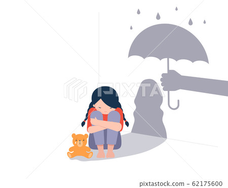 Sad little girl with teddy bear sitting on floor, shadow on the wall is a hand with umbrella Sad little girl with teddy bear sitting on floor, shadow on the wall is a hand with umbrella 62175600