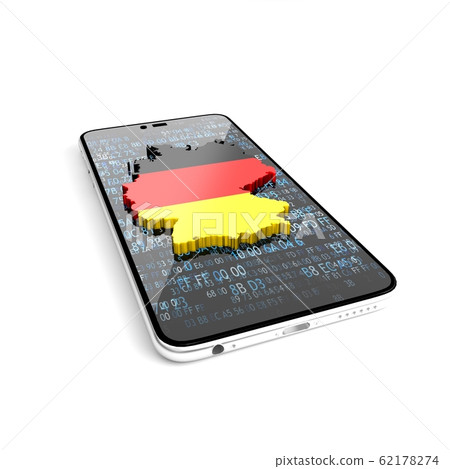 Map of Germany on the phone. Guide to Germany. How to get to Germany. 3D illustration. Map of Germany on the phone. Guide to Germany. How to get to Germany. 3D illustration. 62178274