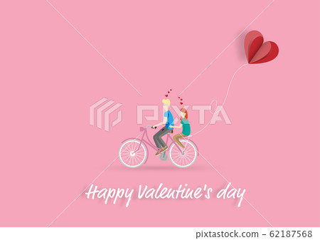 Happy valentines day with happy couple is riding a bicycle in valentines background 62187568