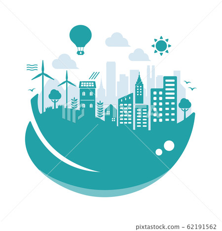Image of city life in consideration of eco, ecology, nature and environmental protection Circular banner illustration (blue) / No text 62191562