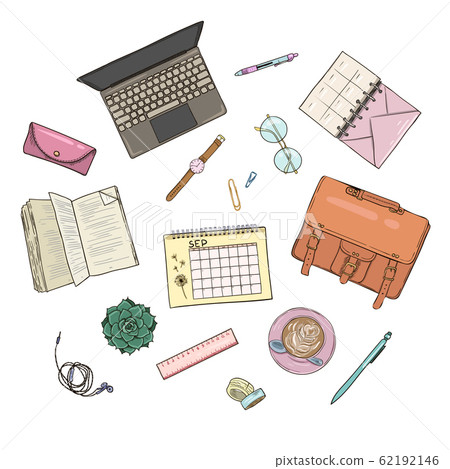 Top view of workplace, office supplies and gadgets. Flat lay view from above. Vector illustration creative study space 62192146