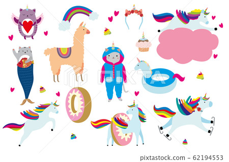 Unicorn cartoon set vector illustration. Kittycorn cute cat magic animal characters flat style isolated on white 62194553