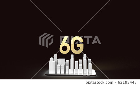 The 3d rendering 6g text gold surface glow on smartphone and building  in dark image for mobile technology content. 62195445