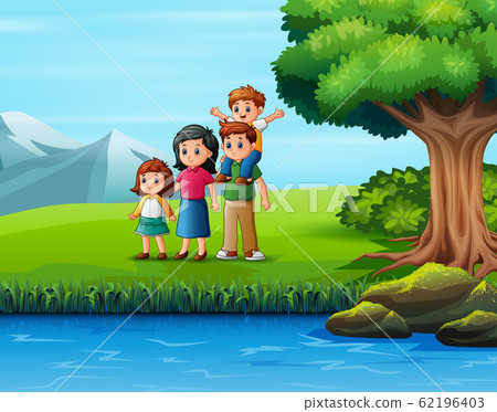 Happy family outdoors enjoying the nature view - Stock Illustration ...