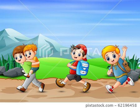 Scene of many boys runnning on the road - Stock Illustration [62196458 ...