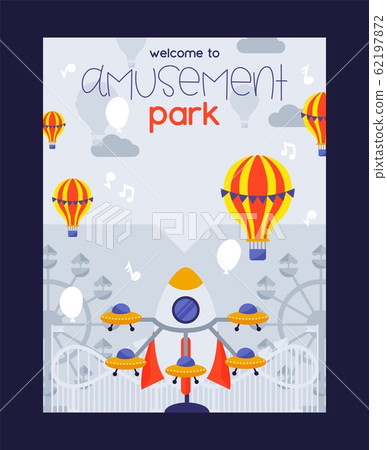 Amusement park poster, vector illustration. Summer fairground carousels, hot air balloons. Funfair invitation template, advertisement campaign. Fairground ticket Amusement park poster, vector illustration. Summer fairground carousels, hot air balloons. Funfair invitation template, advertisement campaign. Fairground ticket 62197872