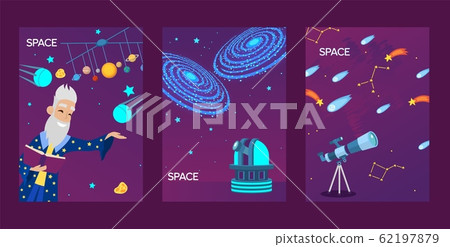 Astronomy banners, vector illustration. Space research station, observatory telescope. Old astronomer cartoon character, flat style icons of stars, satellite, comet and meteor Astronomy banners, vector illustration. Space research station, observatory telescope. Old astronomer cartoon character, flat style icons of stars, satellite, comet and meteor 62197879