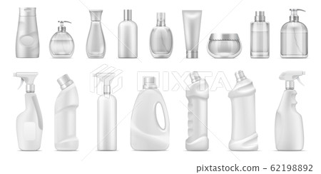Realistic dispenser. Cosmetic containers and white blank cleaner bottles, 3D isolated toilet and bath household chemicals. Vector detergents 62198892
