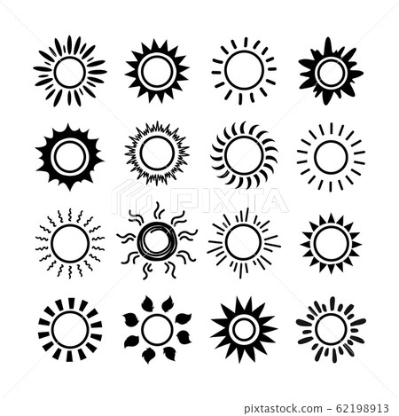 Sun symbol icon set. Summer spring sunshine rays sign. Weather bright sunlight iconic illustration. Vector sunrise logo on white background Sun symbol icon set. Summer spring sunshine rays sign. Weather bright sunlight iconic illustration. Vector sunrise logo on white background 62198913
