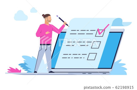 Man fill out online form. Cartoon person with laptop puts a mark. Vector health survey or claim concept Man fill out online form. Cartoon person with laptop puts a mark. Vector health survey or claim concept 62198915