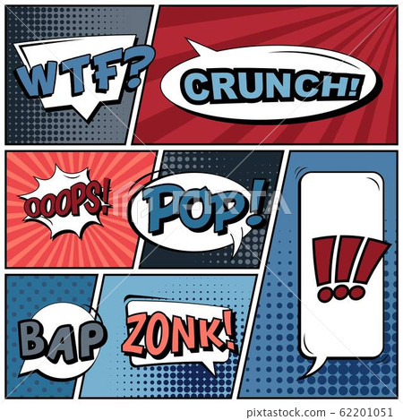 Abstract creative concept vector comic pop art style blank, layout template with clouds beams and 62201051