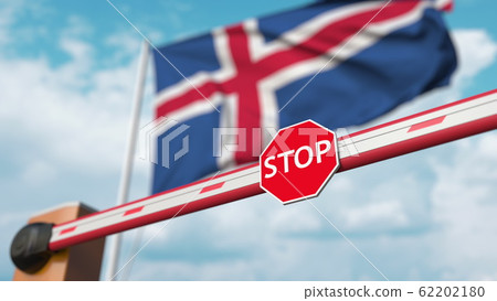 Closed boom gate on the Icelandic flag background. Restricted entry or certain ban in Iceland. 3D rendering Closed boom gate on the Icelandic flag background. Restricted entry or certain ban in Iceland. 3D rendering 62202180