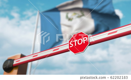 Barrier gate being closed with flag of Guatemala as a background. Guatemalan restricted entry or certain ban. 3D rendering Barrier gate being closed with flag of Guatemala as a background. Guatemalan restricted entry or certain ban. 3D rendering 62202183