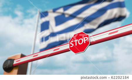 Closed boom gate on the Greek flag background. Restricted entry or certain ban in Greece. 3D rendering Closed boom gate on the Greek flag background. Restricted entry or certain ban in Greece. 3D rendering 62202184