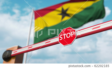 Closed boom barrier with stop sign against the Ghanaian flag. Restricted entry or certain ban in Ghana. 3D rendering Closed boom barrier with stop sign against the Ghanaian flag. Restricted entry or certain ban in Ghana. 3D rendering 62202185