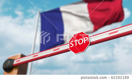 Barrier gate being closed with flag of France as a background. French restricted entry or certain ban. 3D rendering Barrier gate being closed with flag of France as a background. French restricted entry or certain ban. 3D rendering 62202189