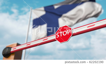 Closed boom barrier with stop sign against the Finnish flag. Restricted entry or certain ban in Finland. 3D rendering Closed boom barrier with stop sign against the Finnish flag. Restricted entry or certain ban in Finland. 3D rendering 62202190