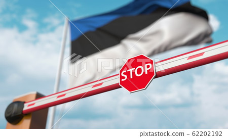 Closed boom barrier with stop sign against the Estonian flag. Restricted entry or certain ban in Estonia. 3D rendering Closed boom barrier with stop sign against the Estonian flag. Restricted entry or certain ban in Estonia. 3D rendering 62202192