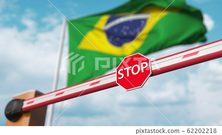 Closed boom gate on the Brazilian flag background. Restricted entry or certain ban in Brazil. 3D rendering Closed boom gate on the Brazilian flag background. Restricted entry or certain ban in Brazil. 3D rendering 62202218