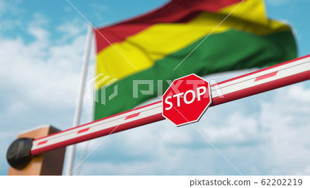 Closed boom barrier with stop sign against the Bolivian flag. Restricted entry or certain ban in Bolivia. 3D rendering Closed boom barrier with stop sign against the Bolivian flag. Restricted entry or certain ban in Bolivia. 3D rendering 62202219