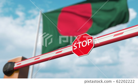 Barrier gate being closed with flag of Bangladesh as a background. Bangladeshi restricted entry or certain ban. 3D rendering Barrier gate being closed with flag of Bangladesh as a background. Bangladeshi restricted entry or certain ban. 3D rendering 62202222
