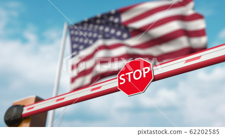 Closed boom barrier with stop sign against the American flag. Restricted entry or certain ban in the USA. 3D rendering 62202585