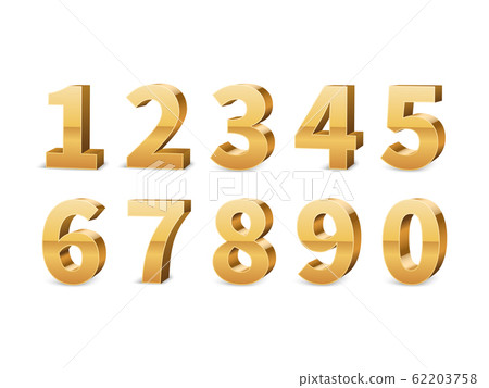 Gold 3d numbers. Big golden number luxury symbols for typography elegant design, yellow conceptual typeface anniversary elements vector set Gold 3d numbers. Big golden number luxury symbols for typography elegant design, yellow conceptual typeface anniversary elements vector set 62203758