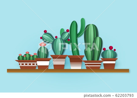 Paper cactus. Cute cacti with flowers in pots on shelf in origami style. Home interior tropical and desert plant decor vector illustration 62203793