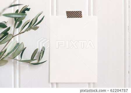 Summer wedding mock-up scene. Closeup of blank greeting card, invitation taped on white wooden boards, paneling wall. Defocused olive branch. Rustic farm design. Craft, art and notes concept. Summer wedding mock-up scene. Closeup of blank greeting card, invitation taped on white wooden boards, paneling wall. Defocused olive branch. Rustic farm design. Craft, art and notes concept. 62204787