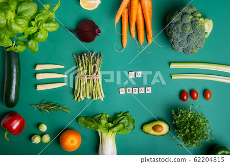 Top view set of healthy raw vegetables and fruits 62204815