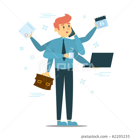 Young man doing many things at once 62205235