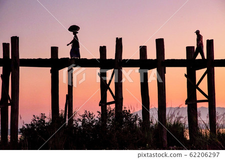 Silhouette of U Bein Bridge at sunrise near Amarapura in Myanmar former Burma Silhouette of U Bein Bridge at sunrise near Amarapura in Myanmar former Burma 62206297