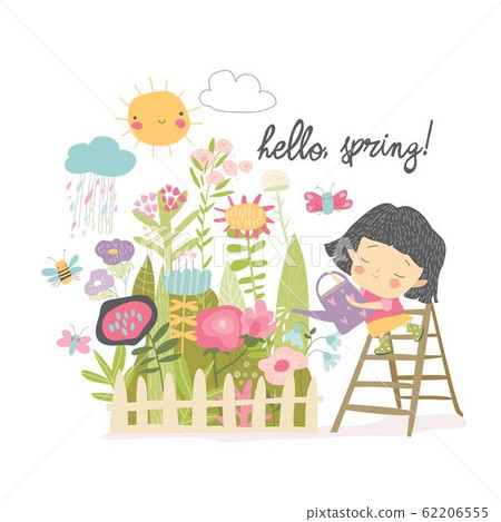 Happy girl watering flowers from a watering can in his garden 62206555