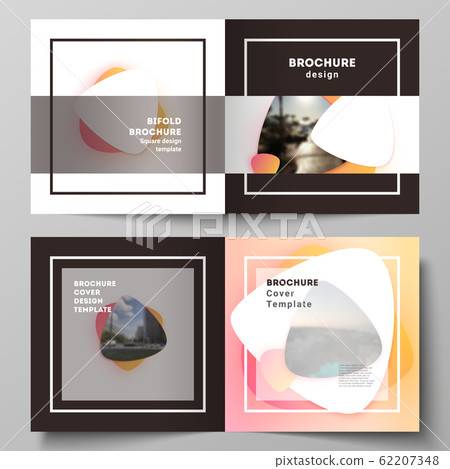 The vector illustration layout of two covers templates for square design bifold brochure, magazine, flyer, booklet. Yellow color gradient abstract dynamic shapes, colorful geometric template design. 62207348