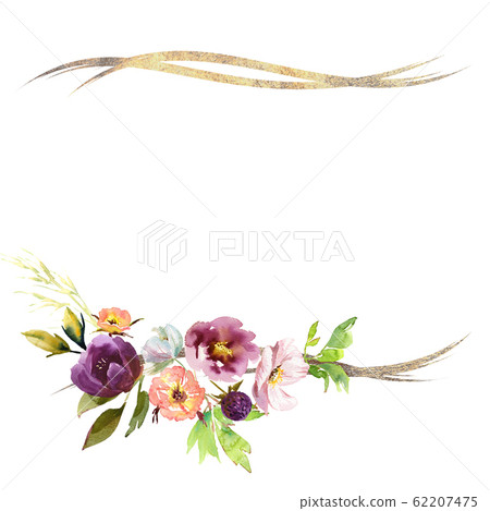 Wedding frame wreath bridal romanric rustic warm bouquet. Hand drawing watercolor pink and purple and orange flowers ornament 62207475