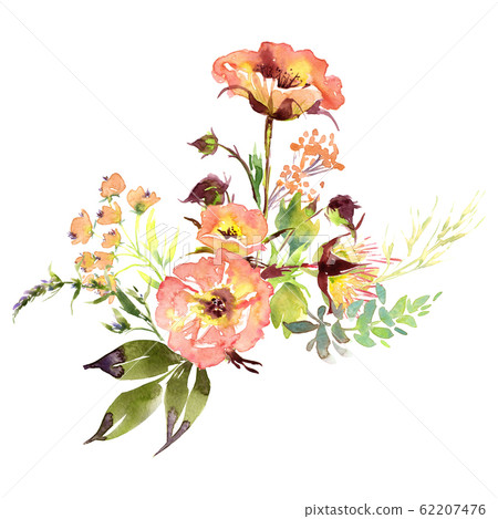 Wedding bridal romanric rustic soft flowers bouquet . Hand drawing watercolor pink and purple and orange flowers ornament Wedding bridal romanric rustic soft flowers bouquet . Hand drawing watercolor pink and purple and orange flowers ornament 62207476
