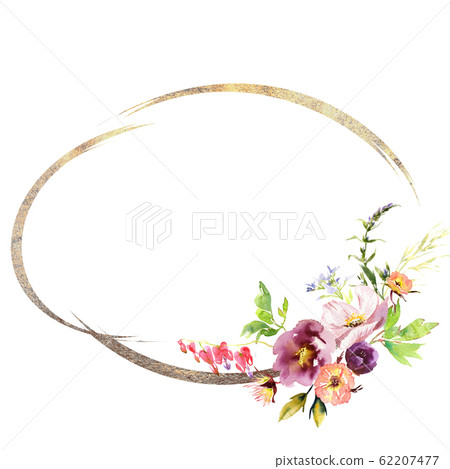 Wedding frame wreath bridal romanric rustic warm bouquet. Hand drawing watercolor pink and purple and orange flowers ornament Wedding frame wreath bridal romanric rustic warm bouquet. Hand drawing watercolor pink and purple and orange flowers ornament 62207477