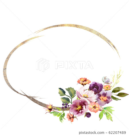 Wedding frame wreath bridal romanric rustic warm bouquet. Hand drawing watercolor pink and purple and orange flowers ornament Wedding frame wreath bridal romanric rustic warm bouquet. Hand drawing watercolor pink and purple and orange flowers ornament 62207489