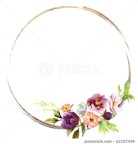 Wedding frame wreath bridal romanric rustic warm bouquet. Hand drawing watercolor pink and purple and orange flowers ornament Wedding frame wreath bridal romanric rustic warm bouquet. Hand drawing watercolor pink and purple and orange flowers ornament 62207499